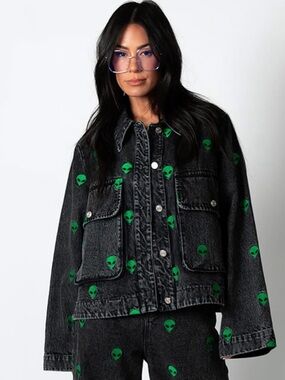 Dressed in Lala I Need Space Embroidered Alien Denim Jacket